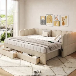 ModernLuxe Canapé-lit capitonné 90x200cm - lit gigogne - 2 tiroirs - port USB - tissu chenille - beige (matelas non inclus)* Lit Gigogne