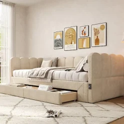 ModernLuxe Canapé-lit capitonné 90x200cm - lit gigogne - 2 tiroirs - port USB - tissu chenille - beige (matelas non inclus)* Lit Gigogne