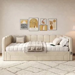 ModernLuxe Canapé-lit capitonné 90x200cm - lit gigogne - 2 tiroirs - port USB - tissu chenille - beige (matelas non inclus)* Lit Gigogne