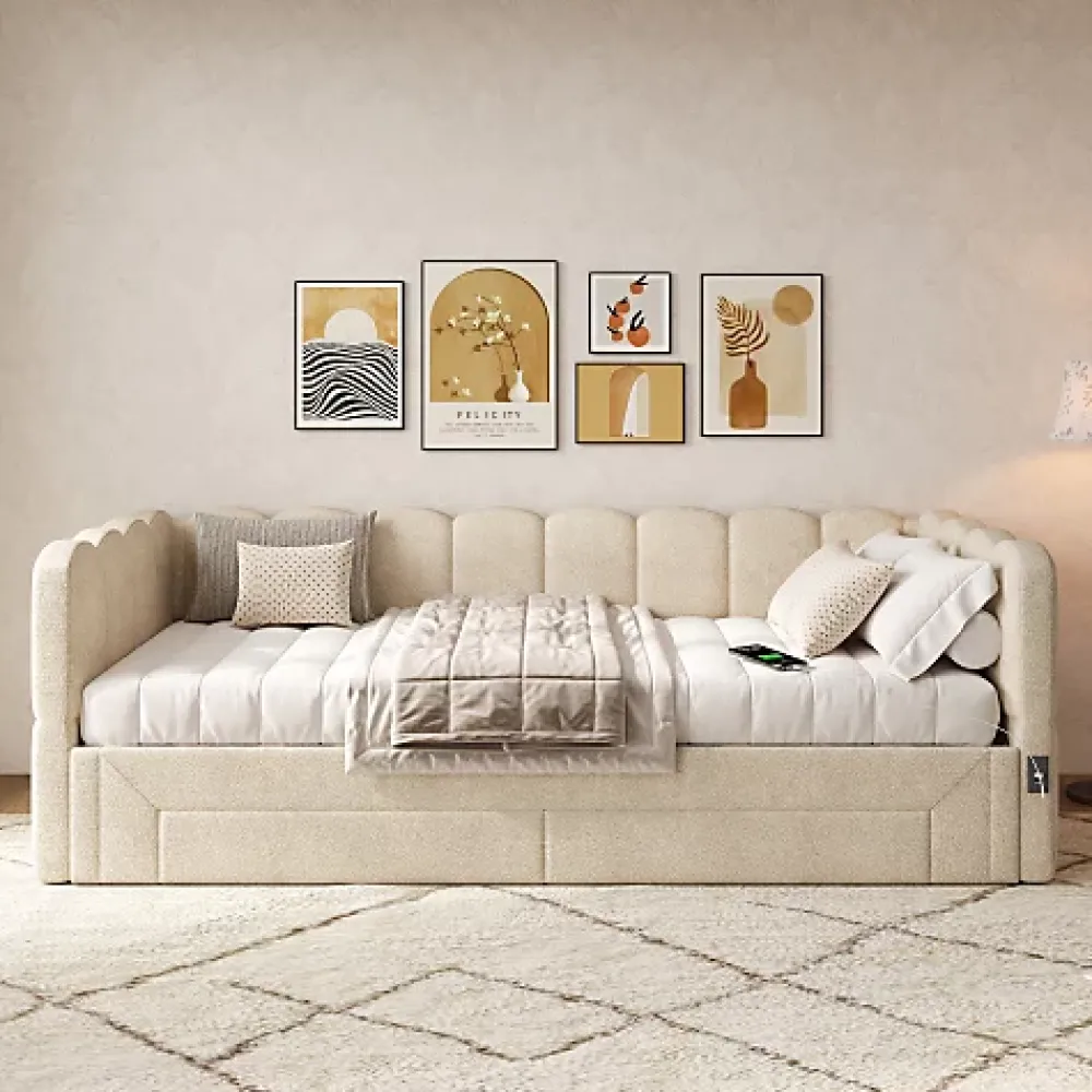 ModernLuxe Canapé-lit capitonné 90x200cm - lit gigogne - 2 tiroirs - port USB - tissu chenille - beige (matelas non inclus)* Lit Gigogne