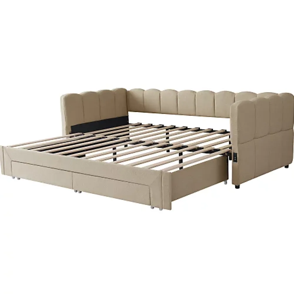 ModernLuxe Canapé-lit capitonné 90x200cm - lit gigogne - 2 tiroirs - port USB - tissu chenille - beige (matelas non inclus)* Lit Gigogne