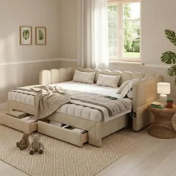 ModernLuxe Canapé-lit capitonné 90x200cm - lit gigogne - 2 tiroirs - port USB - tissu chenille - beige (matelas non inclus)* Lit Gigogne
