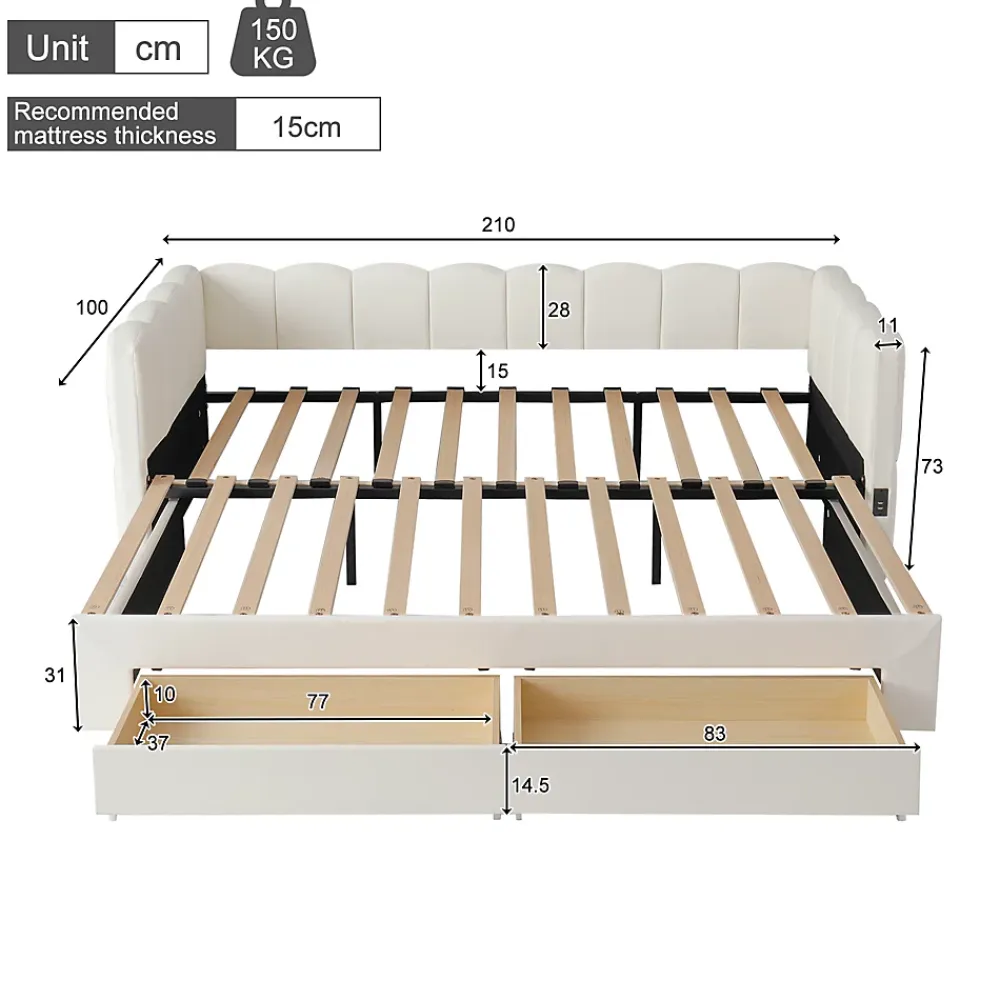 ModernLuxe Canapé-lit capitonné 90x190cm - lit gigogne - 2 tiroirs - port USB - tissu chenille - beige (matelas non inclus)* Lit Gigogne