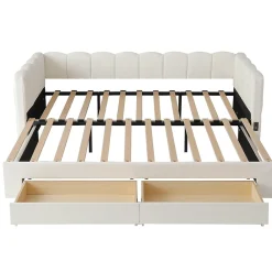 ModernLuxe Canapé-lit capitonné 90x190cm - lit gigogne - 2 tiroirs - port USB - tissu chenille - beige (matelas non inclus)* Lit Gigogne
