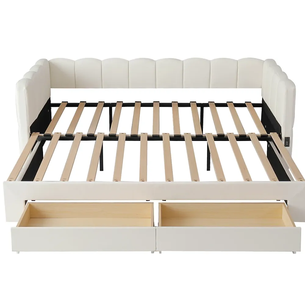 ModernLuxe Canapé-lit capitonné 90x190cm - lit gigogne - 2 tiroirs - port USB - tissu chenille - beige (matelas non inclus)* Lit Gigogne