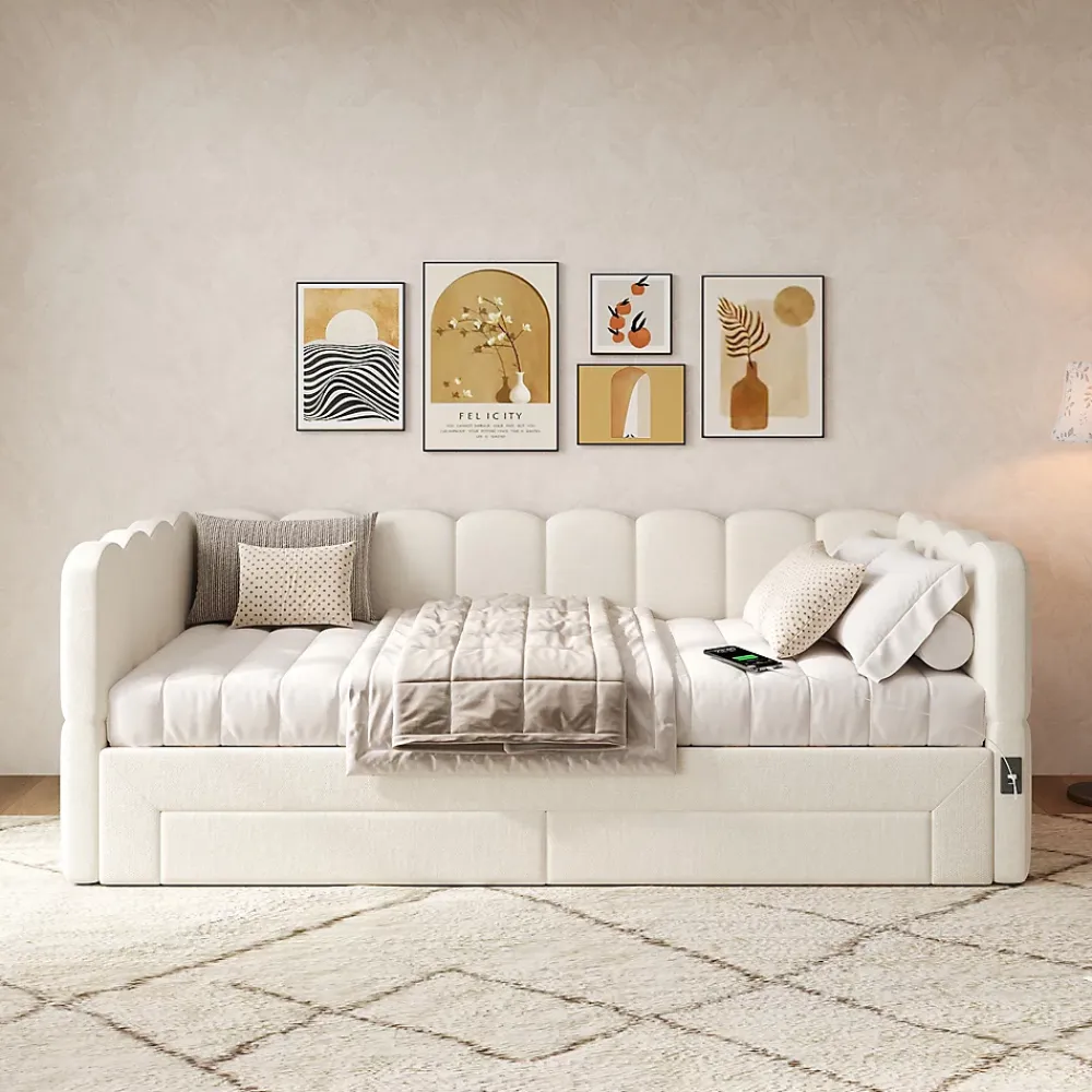 ModernLuxe Canapé-lit capitonné 90x190cm - lit gigogne - 2 tiroirs - port USB - tissu chenille - beige (matelas non inclus)* Lit Gigogne