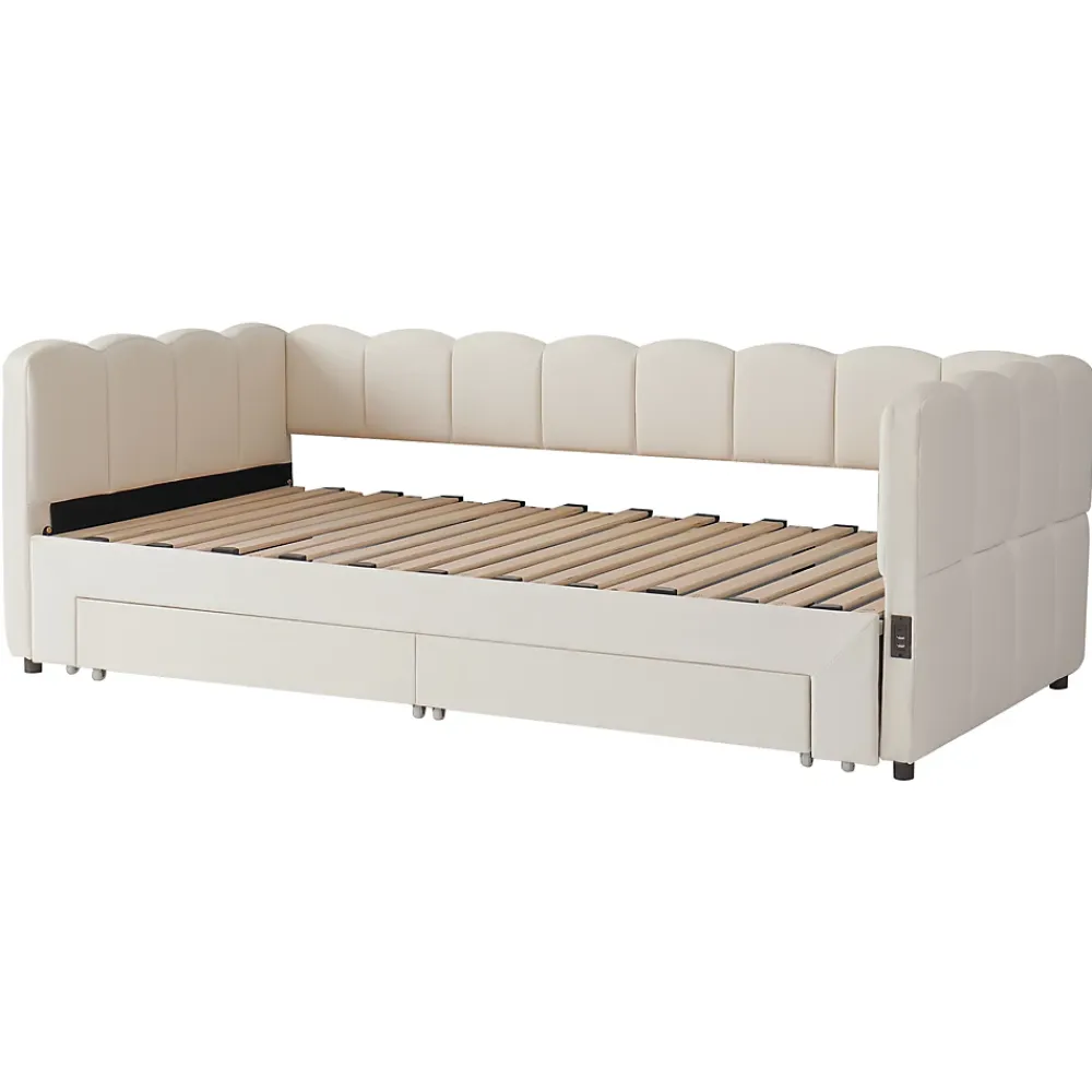 ModernLuxe Canapé-lit capitonné 90x190cm - lit gigogne - 2 tiroirs - port USB - tissu chenille - beige (matelas non inclus)* Lit Gigogne