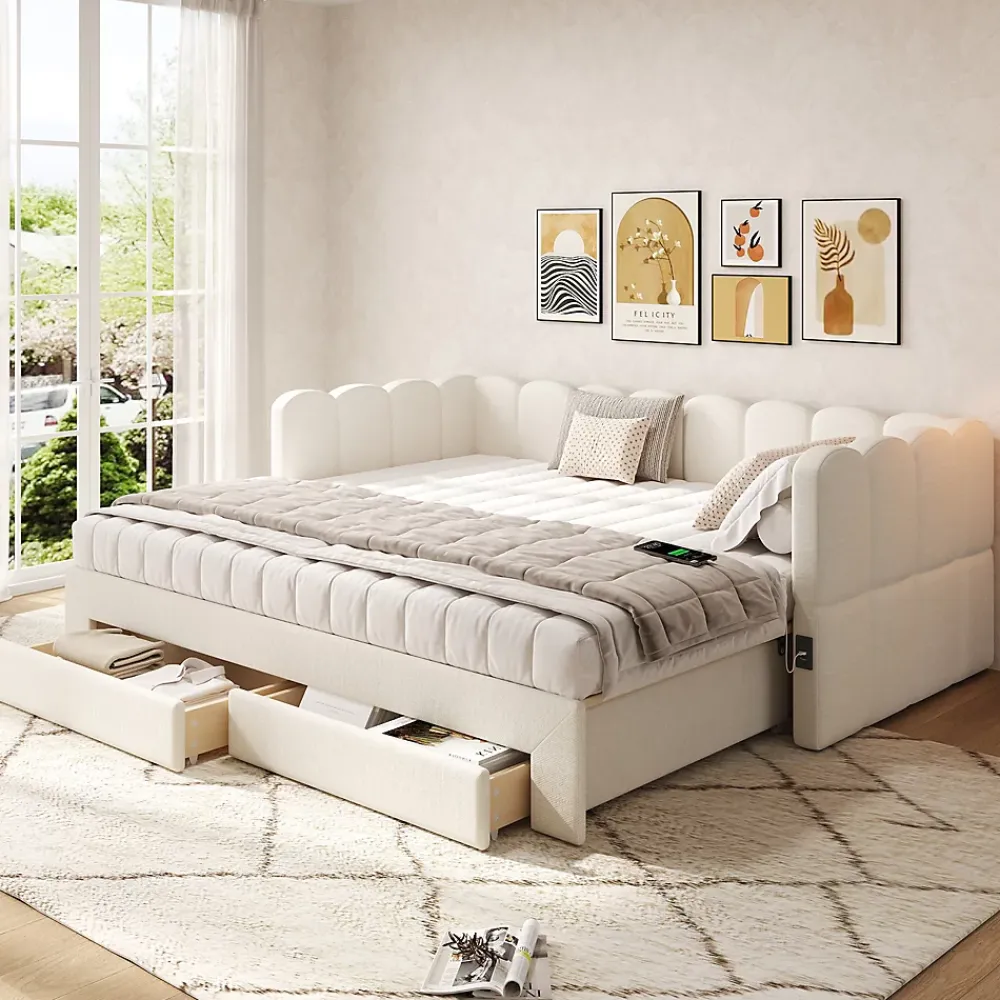 ModernLuxe Canapé-lit capitonné 90x190cm - lit gigogne - 2 tiroirs - port USB - tissu chenille - beige (matelas non inclus)* Lit Gigogne