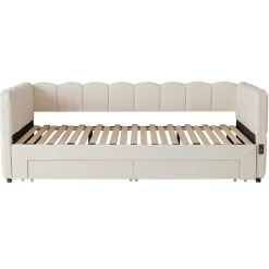 ModernLuxe Canapé-lit capitonné 90x190cm - lit gigogne - 2 tiroirs - port USB - tissu chenille - beige (matelas non inclus)* Lit Gigogne