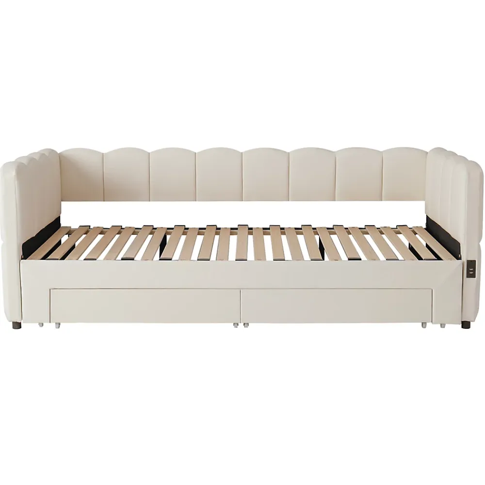 ModernLuxe Canapé-lit capitonné 90x190cm - lit gigogne - 2 tiroirs - port USB - tissu chenille - beige (matelas non inclus)* Lit Gigogne