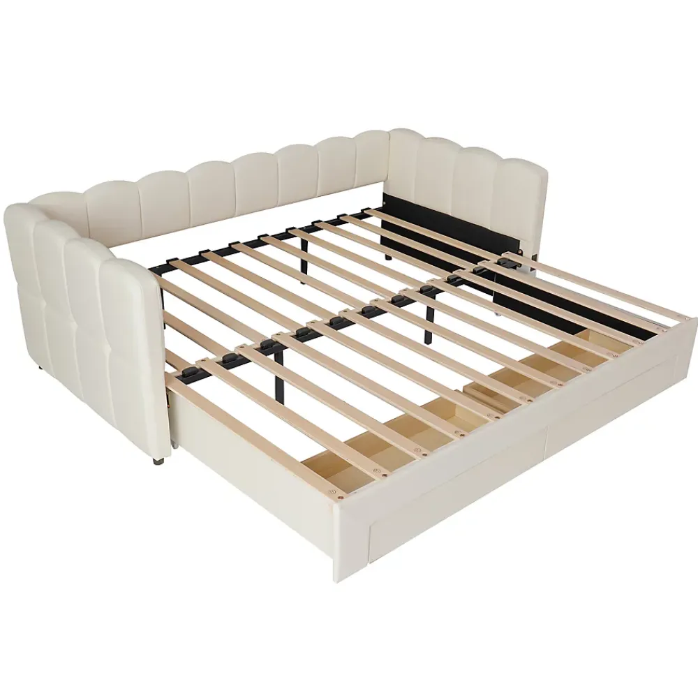 ModernLuxe Canapé-lit capitonné 90x190cm - lit gigogne - 2 tiroirs - port USB - tissu chenille - beige (matelas non inclus)* Lit Gigogne