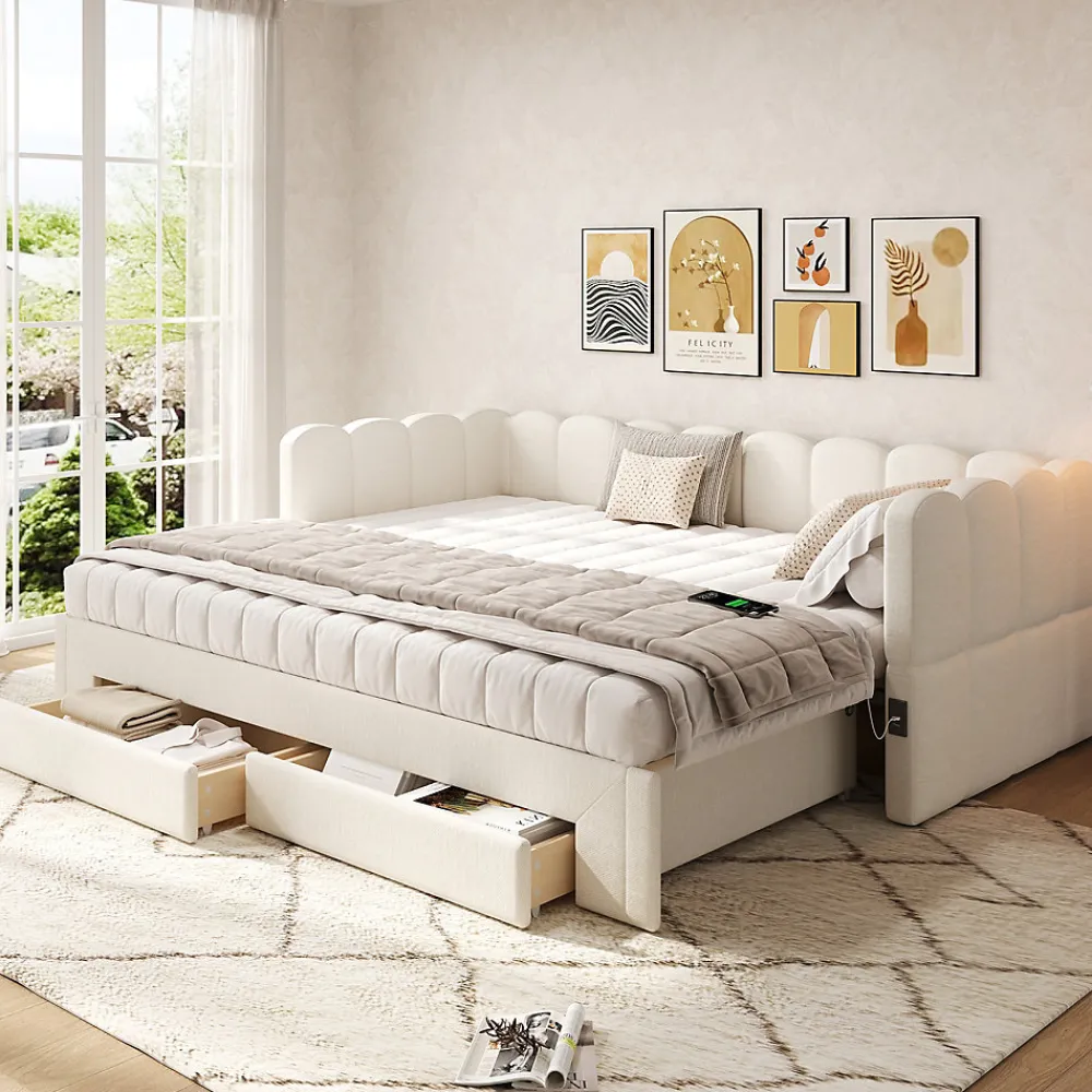 Canapé-lit capitonné 90x200cm - lit gigogne - 2 tiroirs - port USB - tissu chenille - beige (matelas non inclus)>ModernLuxe Hot