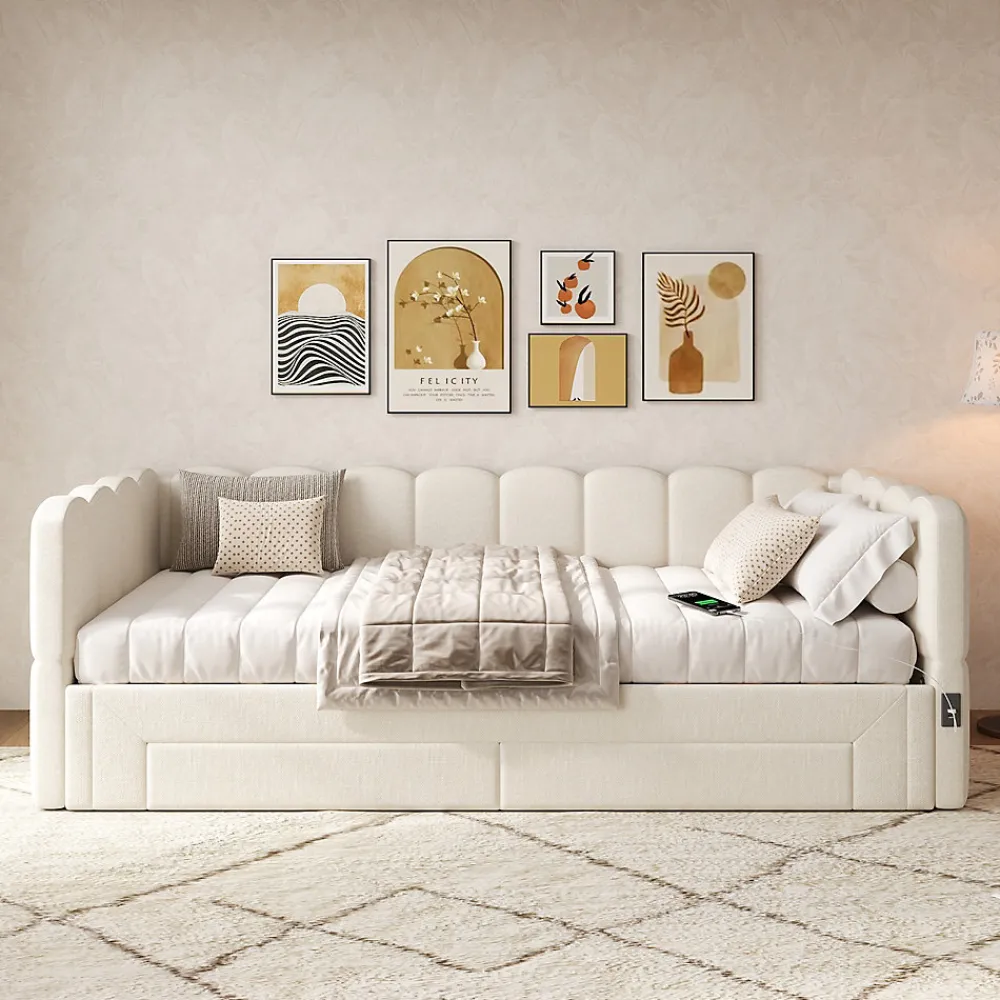 Canapé-lit capitonné 90x200cm - lit gigogne - 2 tiroirs - port USB - tissu chenille - beige (matelas non inclus)>ModernLuxe Hot
