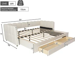 Canapé-lit capitonné 90x200cm - lit gigogne - 2 tiroirs - port USB - tissu chenille - beige (matelas non inclus)><noscript><img width=