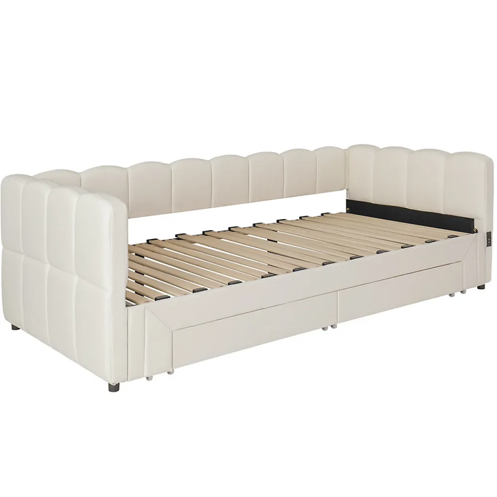 Canapé-lit capitonné 90x200cm - lit gigogne - 2 tiroirs - port USB - tissu chenille - beige (matelas non inclus)>ModernLuxe Hot