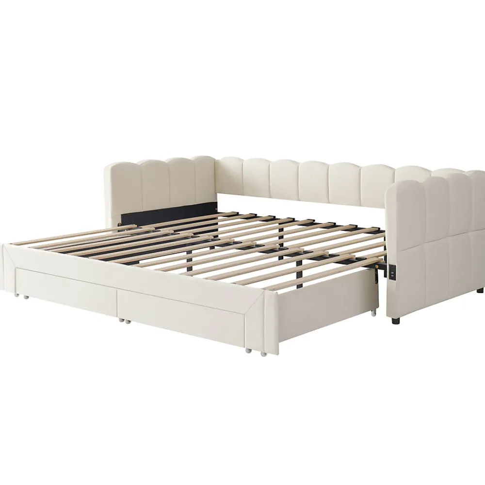 Canapé-lit capitonné 90x200cm - lit gigogne - 2 tiroirs - port USB - tissu chenille - beige (matelas non inclus)>ModernLuxe Hot