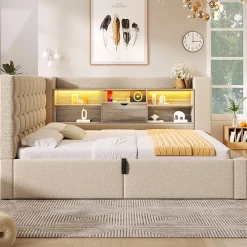 Canapé-lit coffre 140x190cm - avec LED et port de chargement - avec sommier à lattes - tissu de lin - beige (sans matelas)><noscript><img width=