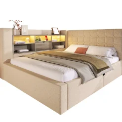 Canapé-lit coffre 140x190cm - avec LED et port de chargement - avec sommier à lattes - tissu de lin - beige (sans matelas)><noscript><img width=