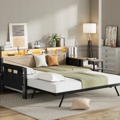 Canapé-lit en métal 90x200cm - Avec lit gigogne - 3 tiroirs et 3 étagères - LED et port USB - Noir (sans matelas)>ModernLuxe Discount