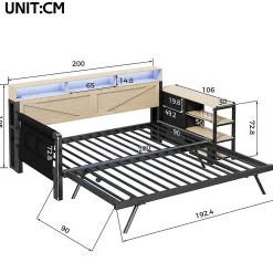 Canapé-lit en métal 90x200cm - Avec lit gigogne - 3 tiroirs et 3 étagères - LED et port USB - Noir (sans matelas)><noscript><img width=