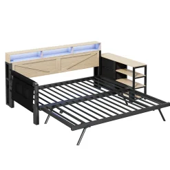Canapé-lit en métal 90x200cm - Avec lit gigogne - 3 tiroirs et 3 étagères - LED et port USB - Noir (sans matelas)><noscript><img width=