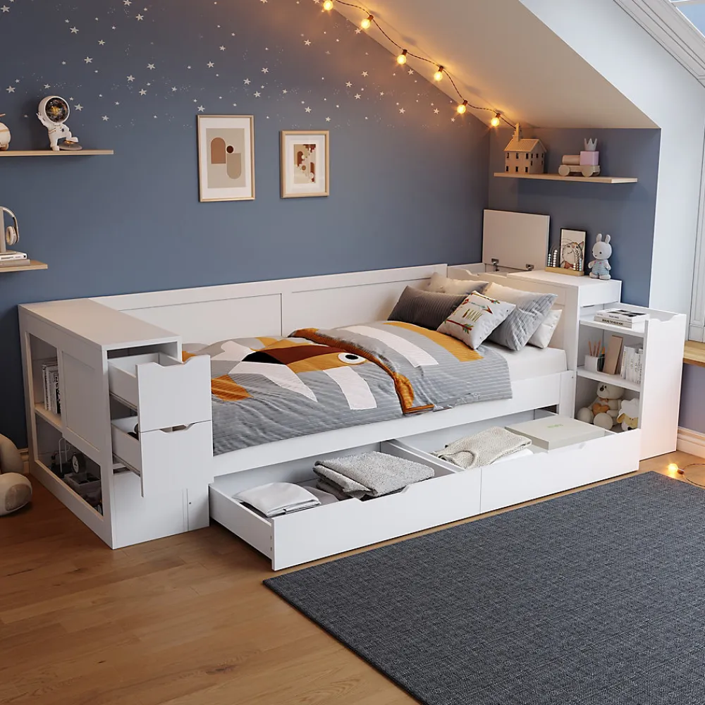 Canapé-lit enfant 90x190 cm - Avec tiroirs, étagères et espace de rangement - MDF - Blanc (sans matelas)>ModernLuxe Hot