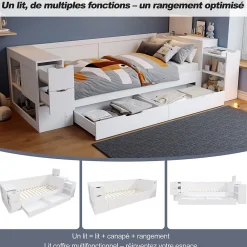 Canapé-lit enfant 90x190 cm - Avec tiroirs, étagères et espace de rangement - MDF - Blanc (sans matelas)>ModernLuxe Hot