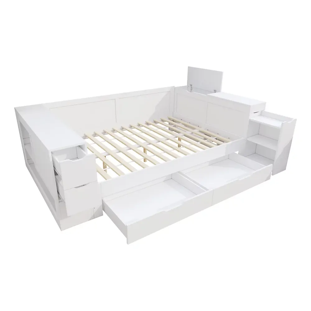 ModernLuxe Canapé-lit enfant 140x190 cm - Avec tiroirs, étagères et espace de rangement - MDF - Blanc (sans matelas)* Lit Avec Rangement