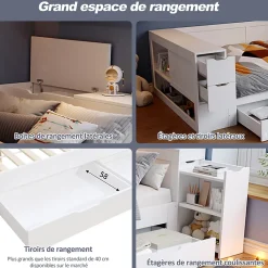 ModernLuxe Canapé-lit enfant 140x190 cm - Avec tiroirs, étagères et espace de rangement - MDF - Blanc (sans matelas)* Lit Avec Rangement