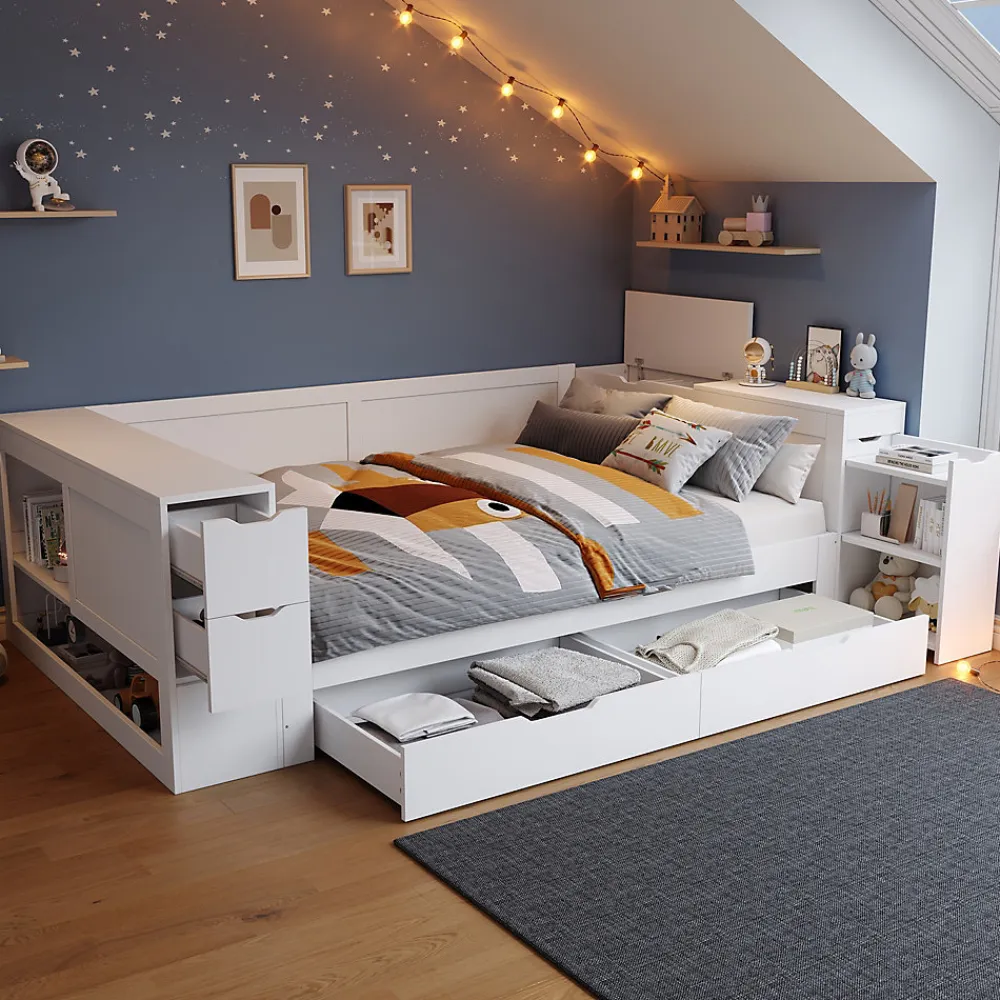 ModernLuxe Canapé-lit enfant 140x190 cm - Avec tiroirs, étagères et espace de rangement - MDF - Blanc (sans matelas)* Lit Avec Rangement