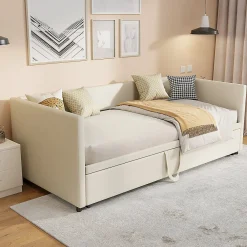 Canapé-lit Extensible 90/180 X 200 Cm Avec Sommier à Lattes,canapé Lit 2 Places,velours, Beige><noscript><img width=