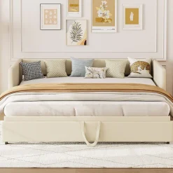 Canapé-lit Extensible 90/180 X 200 Cm Avec Sommier à Lattes,canapé Lit 2 Places,velours, Beige><noscript><img width=