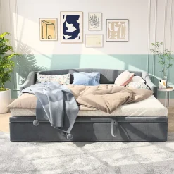Fortuna lai Canapé-lit, extensible, 140x 200 cm, avec sommier à lattes, tissu en velours, canapé-lit, sans matelas, gris foncé* Lit Coffre
