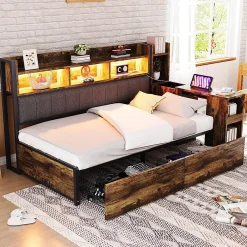 Canapé-lit fer 90x200 cm, rangement, LED, tiroirs, bureau coulissant - couleur bois>Blackcolors Hot