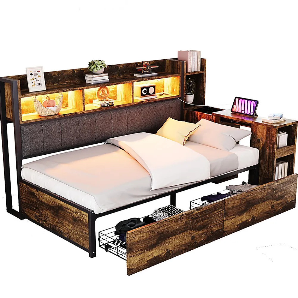 Canapé-lit fer 90x200 cm, rangement, LED, tiroirs, bureau coulissant - couleur bois>Blackcolors Hot