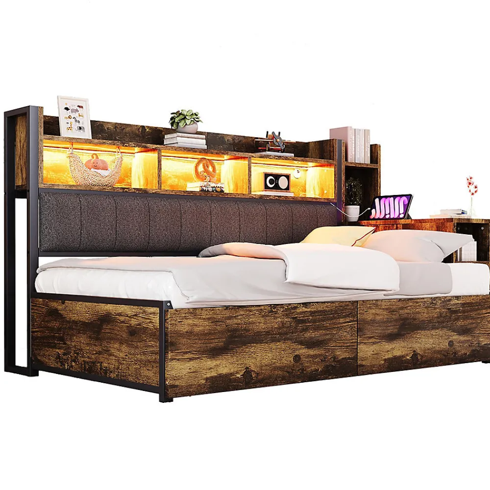 Canapé-lit fer 90x200 cm, rangement, LED, tiroirs, bureau coulissant - couleur bois>Blackcolors Hot