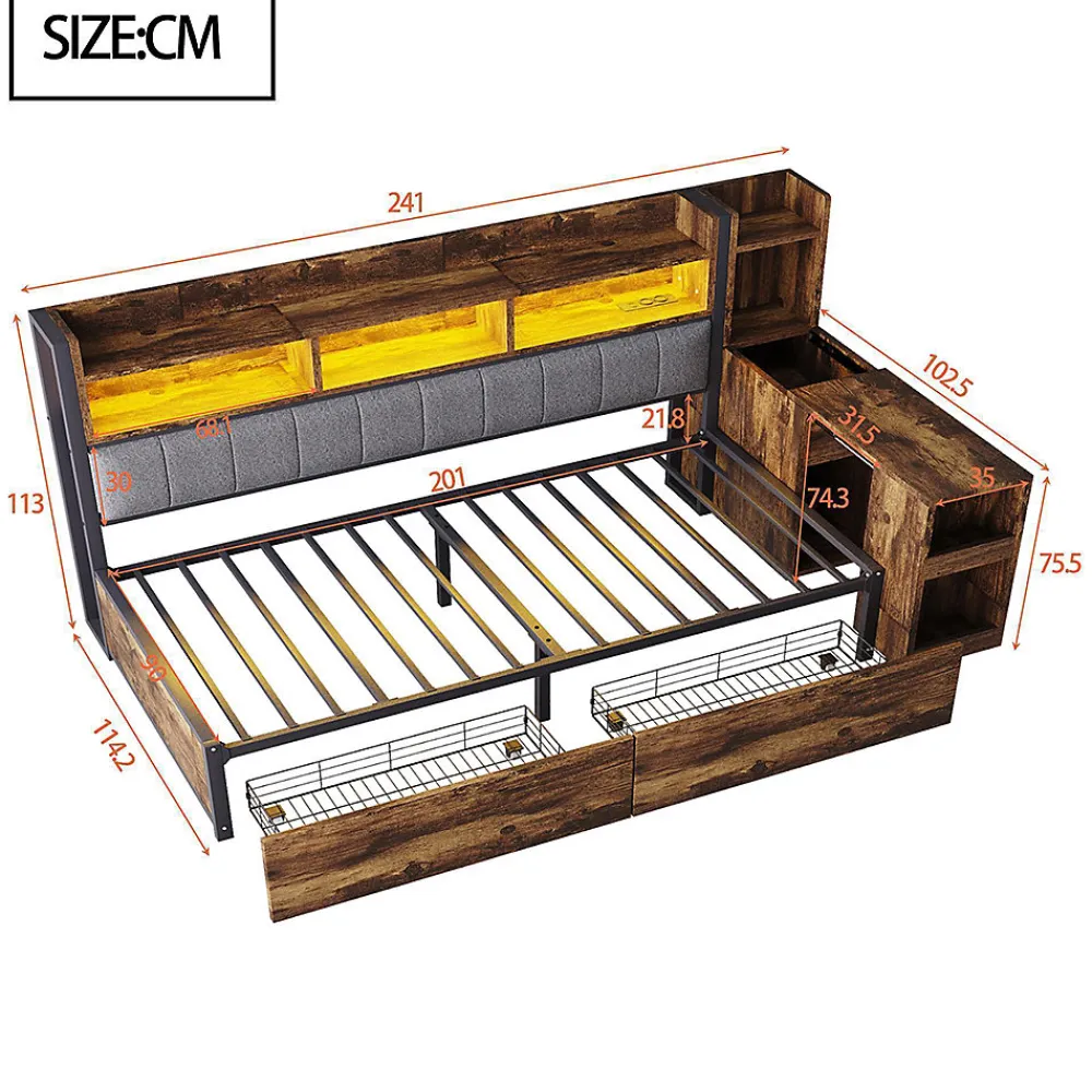 Canapé-lit fer 90x200 cm, rangement, LED, tiroirs, bureau coulissant - couleur bois>Blackcolors Hot