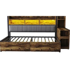 Canapé-lit fer 90x200 cm, rangement, LED, tiroirs, bureau coulissant - couleur bois><noscript><img width=