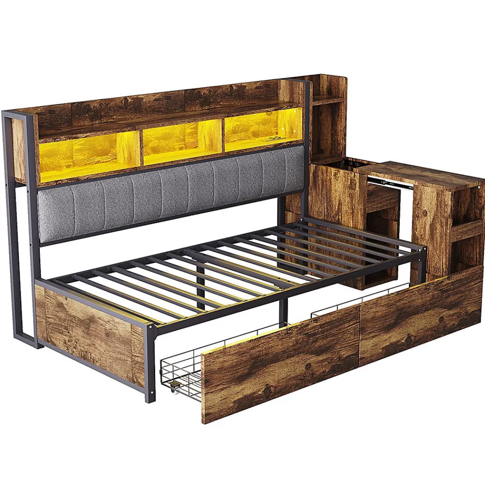 Canapé-lit fer 90x200 cm, rangement, LED, tiroirs, bureau coulissant - couleur bois>Blackcolors Hot