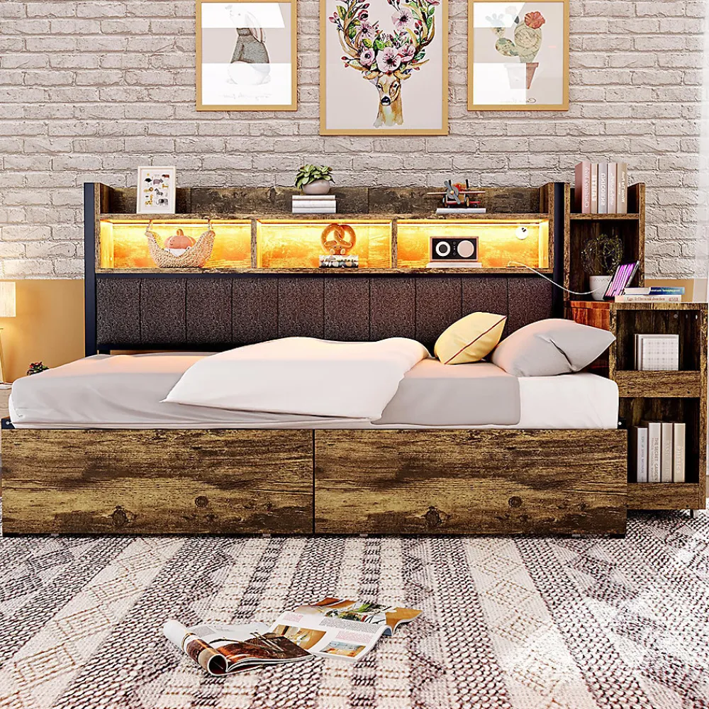 Canapé-lit fer 90x200 cm, rangement, LED, tiroirs, bureau coulissant - couleur bois>Blackcolors Hot