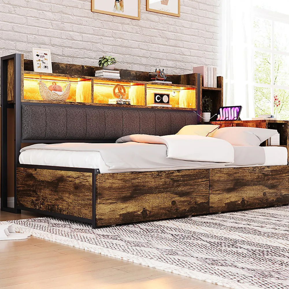 Canapé-lit fer 90x200 cm, rangement, LED, tiroirs, bureau coulissant - couleur bois>Blackcolors Hot