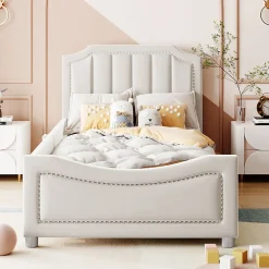 Canapé-lit rembourré 90 sur 200 cm lit modulable flanelle avec dossier et accoudoirs pour adultes ou invités beige><noscript><img width=