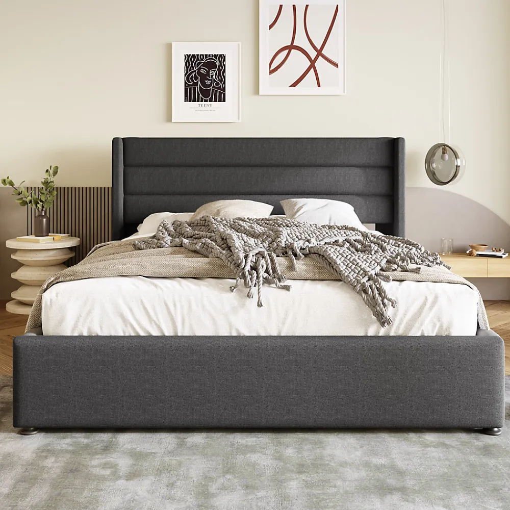 Canapé-lit 180x200 cm avec coffre de rangement hydraulique en tissu lin gris et tête de lit capitonnée>Redom Outlet