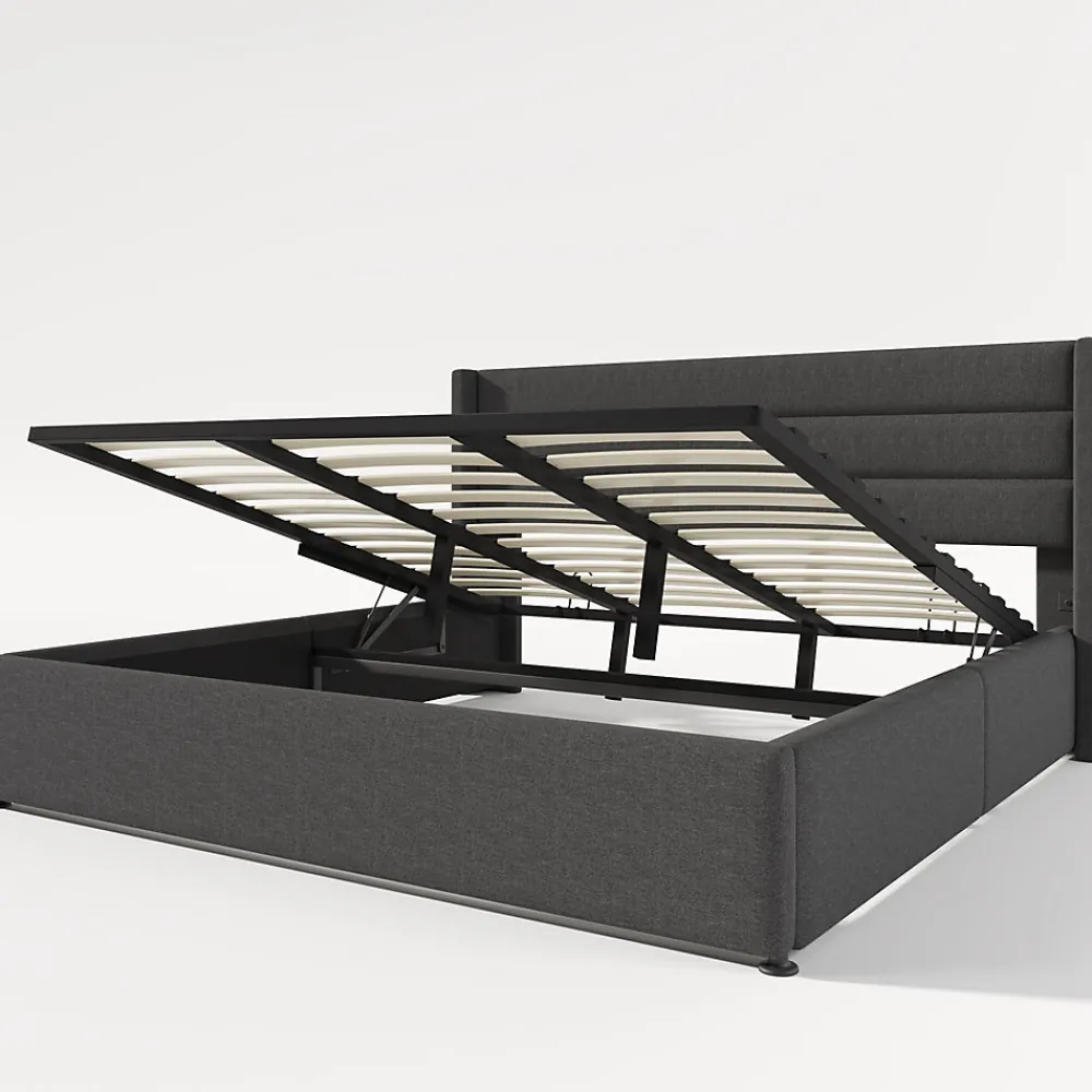 Canapé-lit 180x200 cm avec coffre de rangement hydraulique en tissu lin gris et tête de lit capitonnée>Redom Outlet