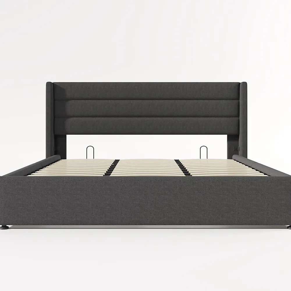 Canapé-lit 180x200 cm avec coffre de rangement hydraulique en tissu lin gris et tête de lit capitonnée>Redom Outlet