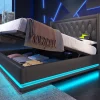 Redom Canapé-lit 160x200 cm avec coffre de rangement hydraulique, LED 3 côtés et tête de lit en PU noir* Lit Coffre