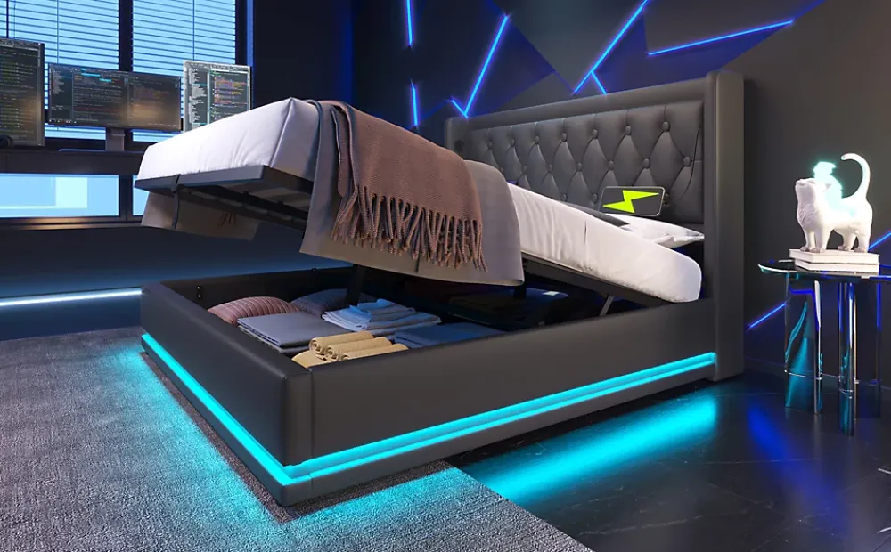 Redom Canapé-lit 160x200 cm avec coffre de rangement hydraulique, LED 3 côtés et tête de lit en PU noir* Lit Coffre