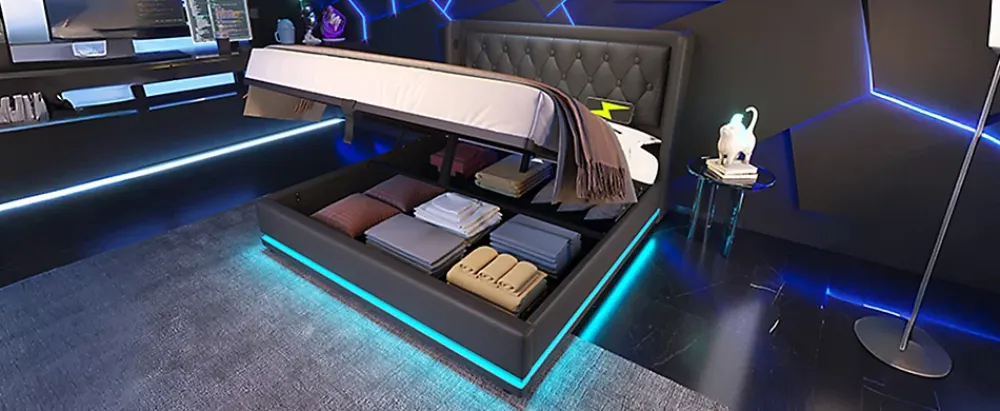 Redom Canapé-lit 160x200 cm avec coffre de rangement hydraulique, LED 3 côtés et tête de lit en PU noir* Lit Coffre