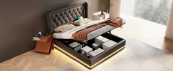 Redom Canapé-lit 160x200 cm avec coffre de rangement hydraulique, LED 3 côtés et tête de lit en PU noir* Lit Coffre