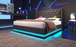 Redom Canapé-lit 160x200 cm avec coffre de rangement hydraulique, LED 3 côtés et tête de lit en PU noir* Lit Coffre